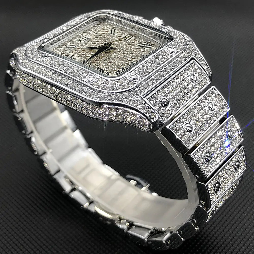 MISSFOX Ice Out Diamond Square Watch for Men