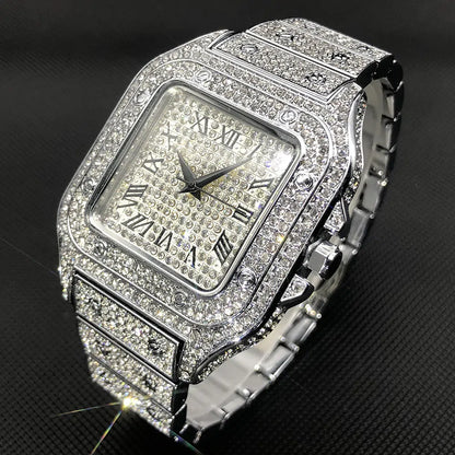 MISSFOX Ice Out Diamond Square Watch for Men