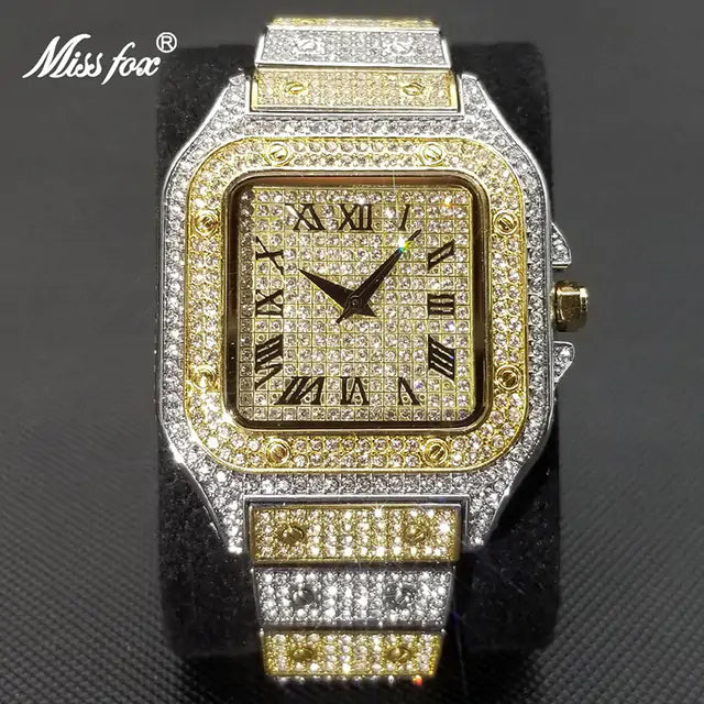 MISSFOX Ice Out Diamond Square Watch for Men